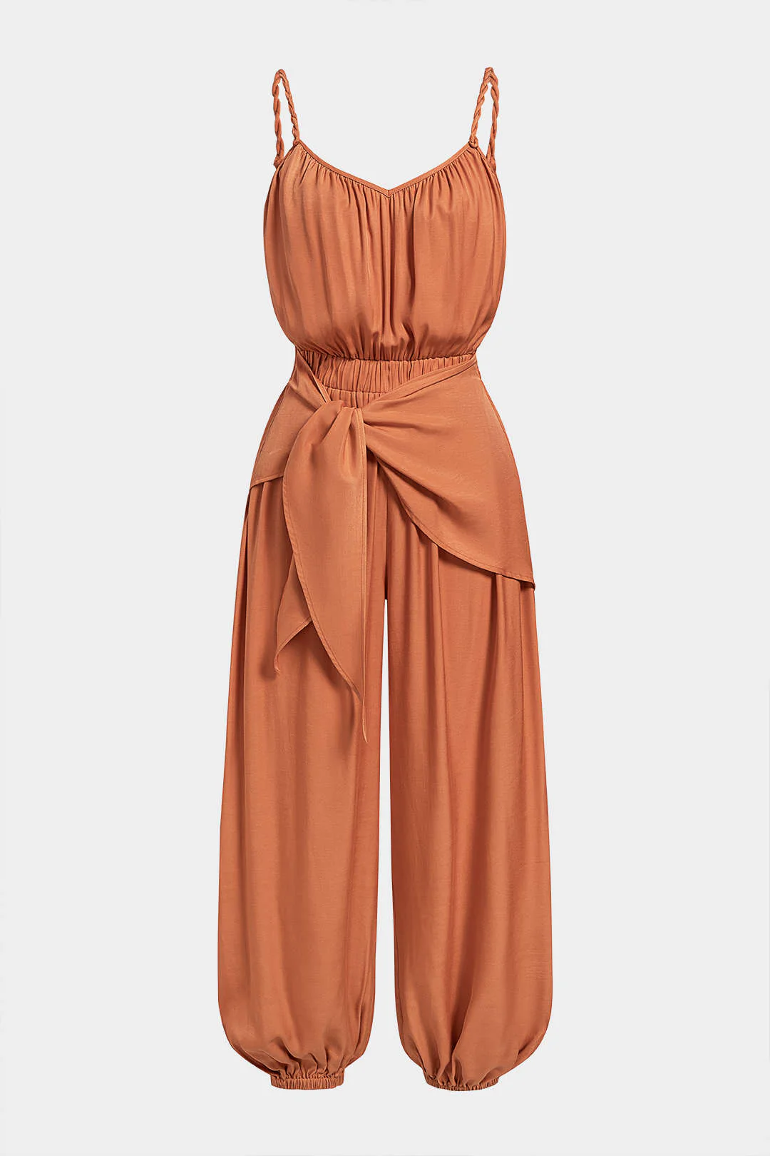 V-Neck Twist Knotted Ruched Sleeveless Jumpsuit