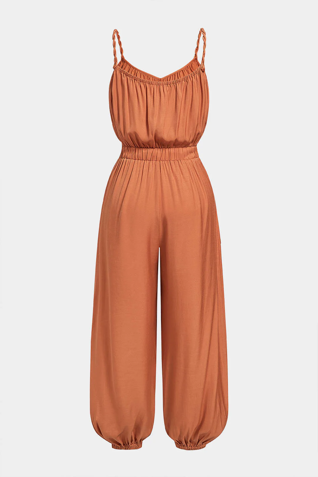 V-Neck Twist Knotted Ruched Sleeveless Jumpsuit - Image 2