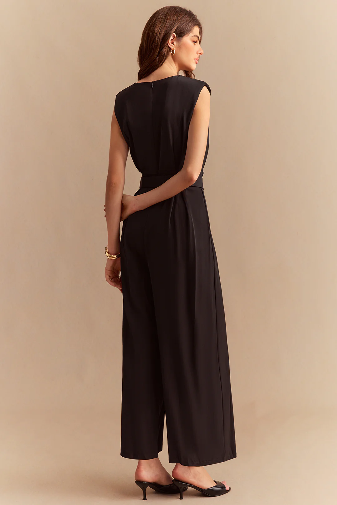 Chiffon Round Neck Belted Sleeveless Wide Leg Jumpsuit - Image 3