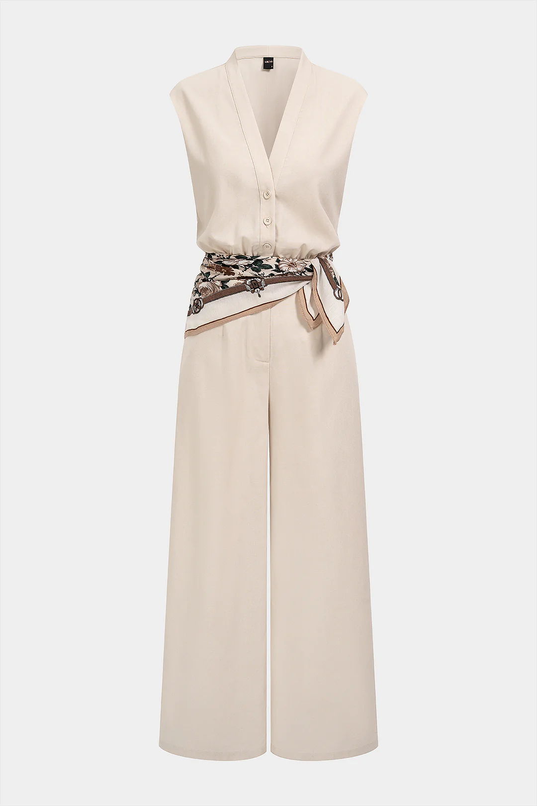 Linen V-Neck Button Pocket Sleeveless Jumpsuit With Scarf