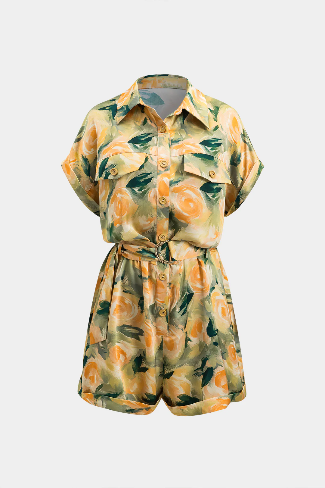 Floral Print Belted Fake Pocket Short Sleeve Romper