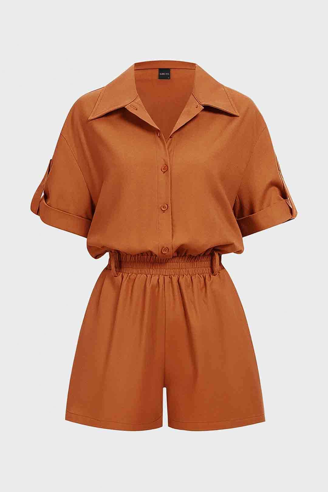 Linen Button Shirred Waistband Short Sleeve Romper - Image 2