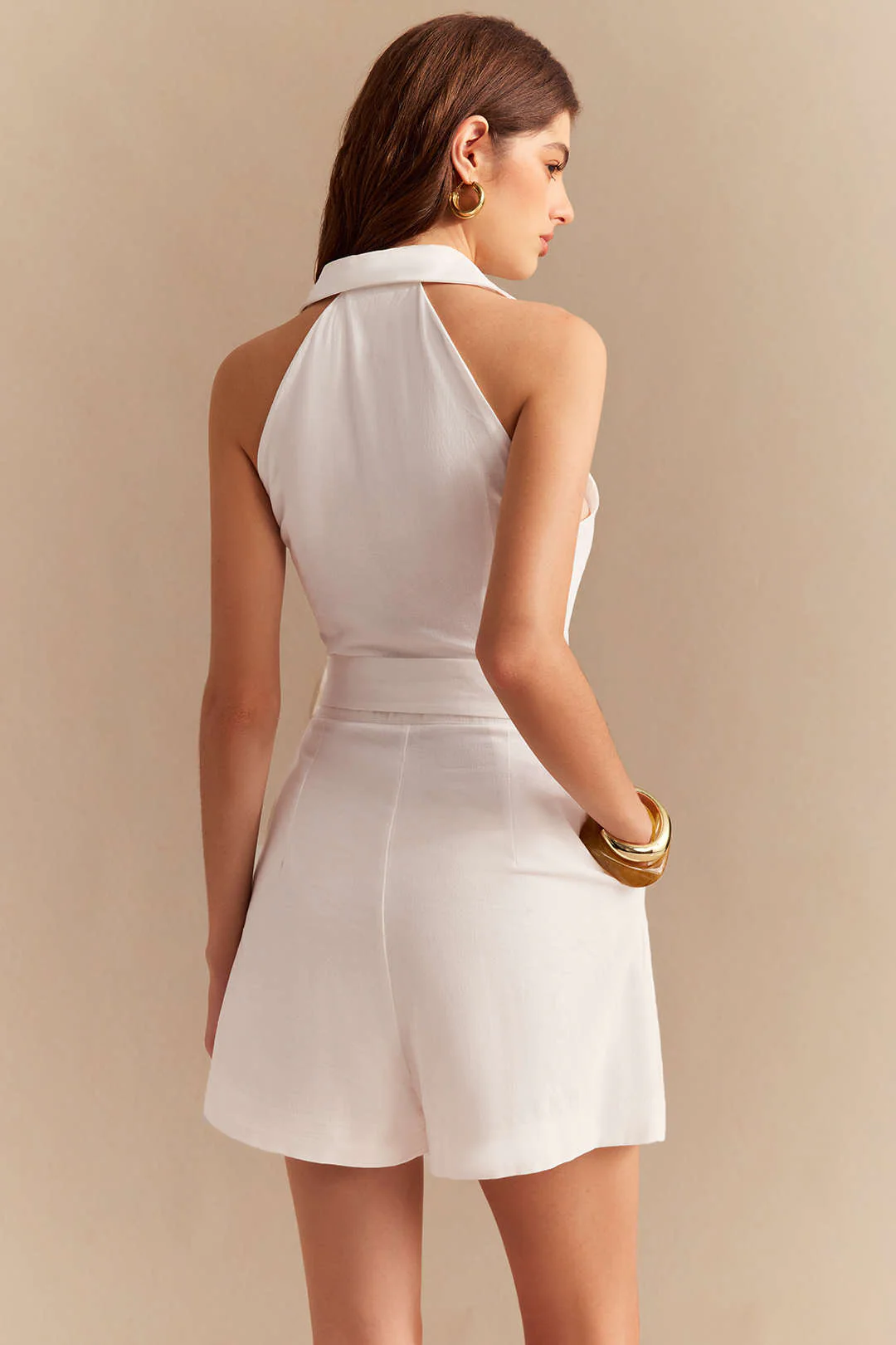 Linen Belted Lapel Sleevless Romper - Image 2