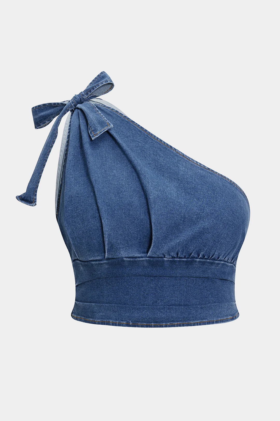 Plus Size Denim Zipper Asymmetrical Knotted Crop Top