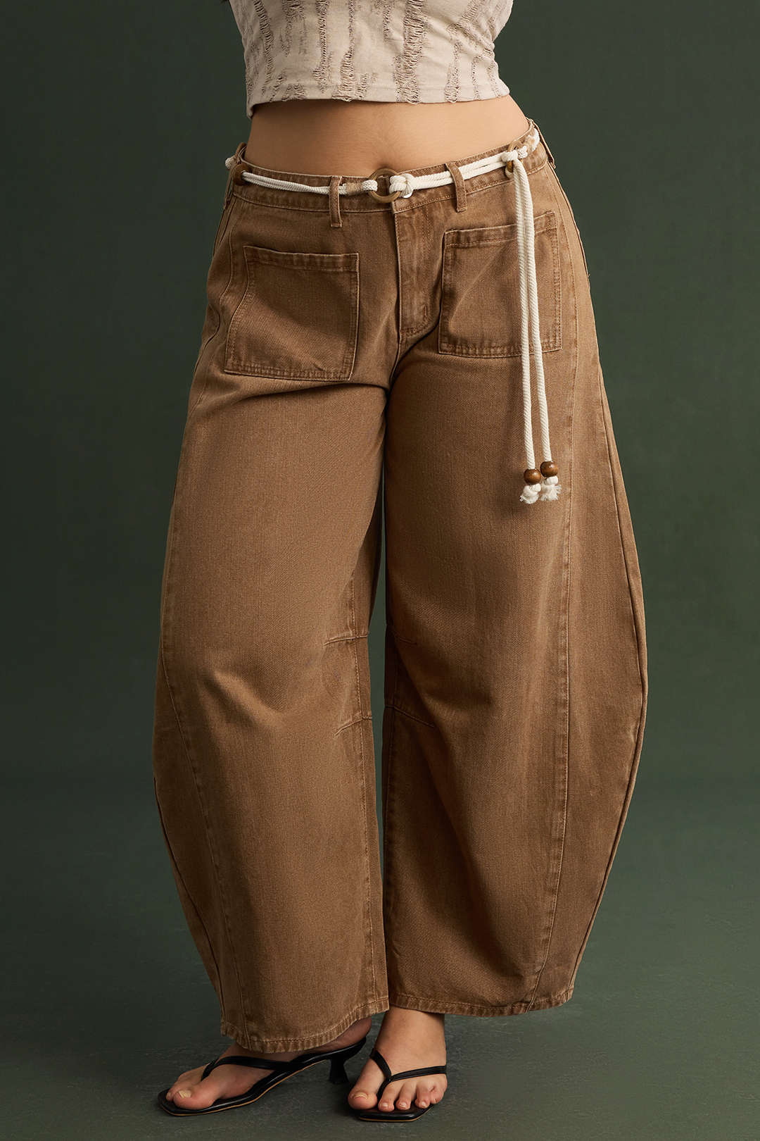 Plus Size Denim Low Waist Beaded Belted Jeans