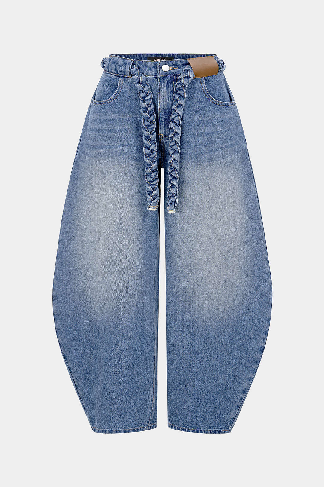 Plus Size Denim Braided Belted Pocket Jeans