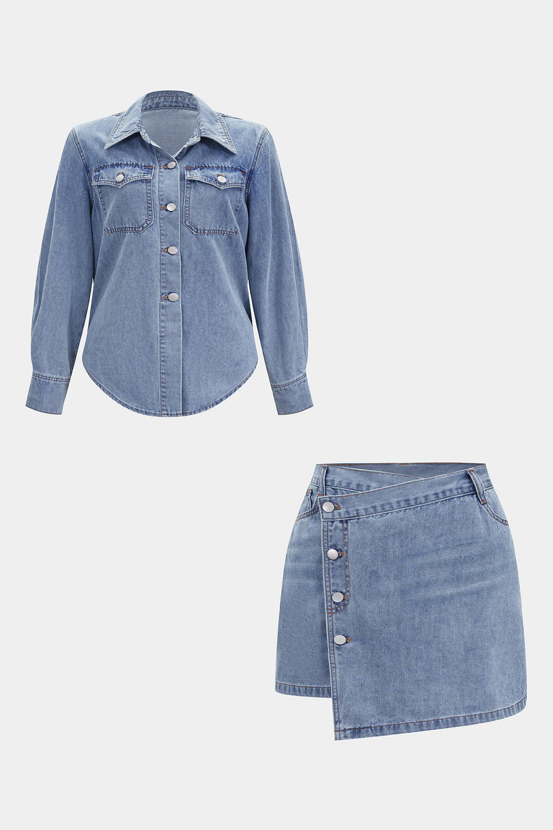Plus Size Denim Metallic Button Long Sleeve Shirt And Skirt Set - Image 10