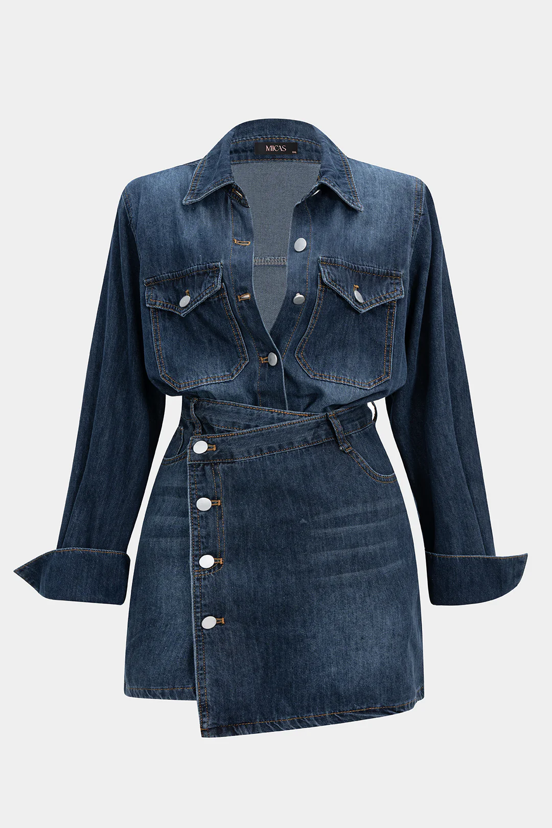 Plus Size Denim Metallic Button Long Sleeve Shirt And Skirt Set - Image 3