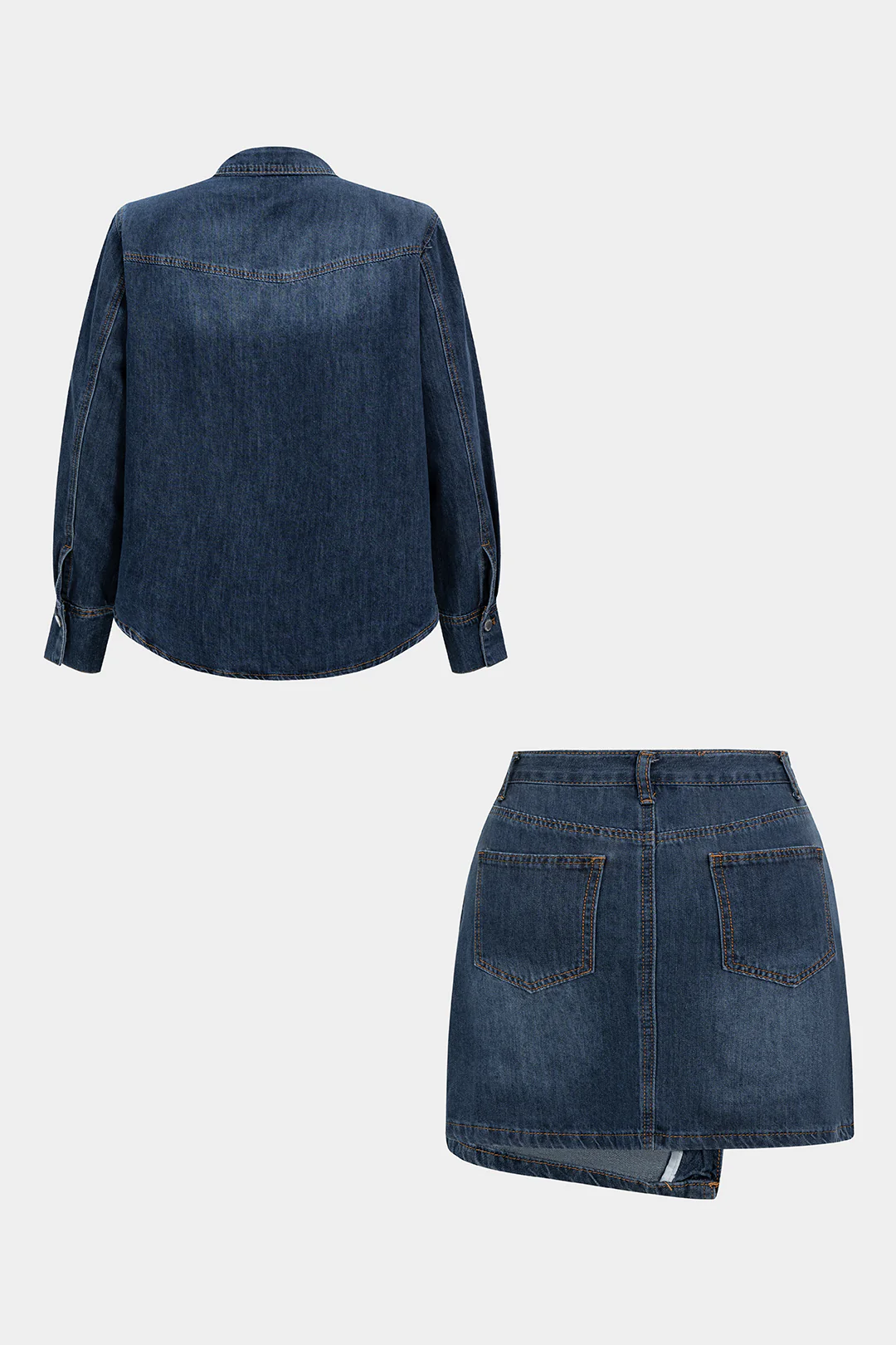 Plus Size Denim Metallic Button Long Sleeve Shirt And Skirt Set - Image 5