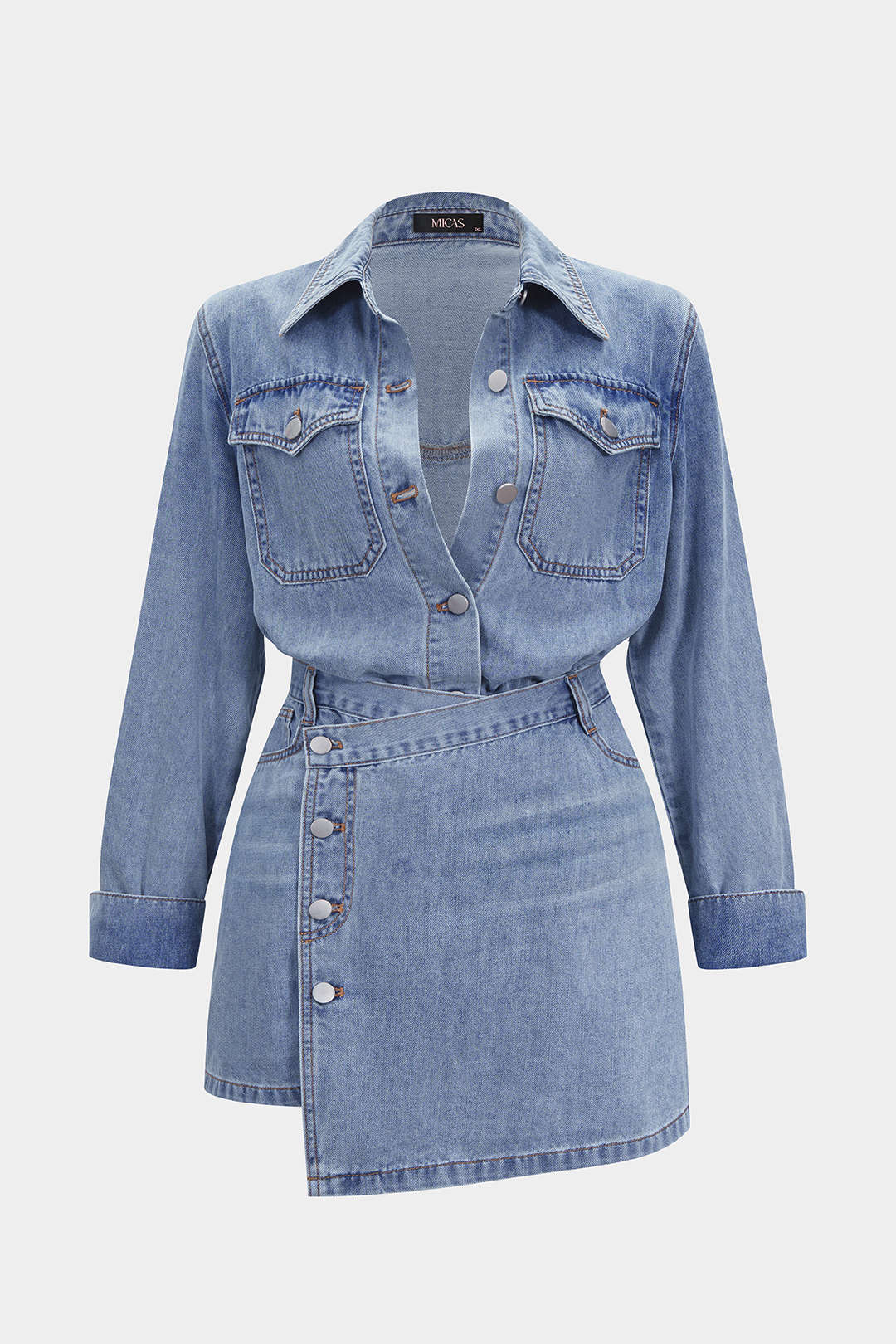 Plus Size Denim Metallic Button Long Sleeve Shirt And Skirt Set - Image 9