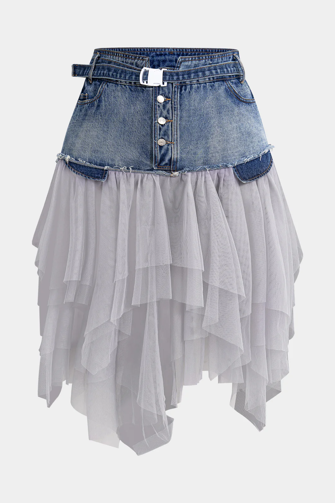 Plus Size Denim Mesh Patchwork High Waist Skirt