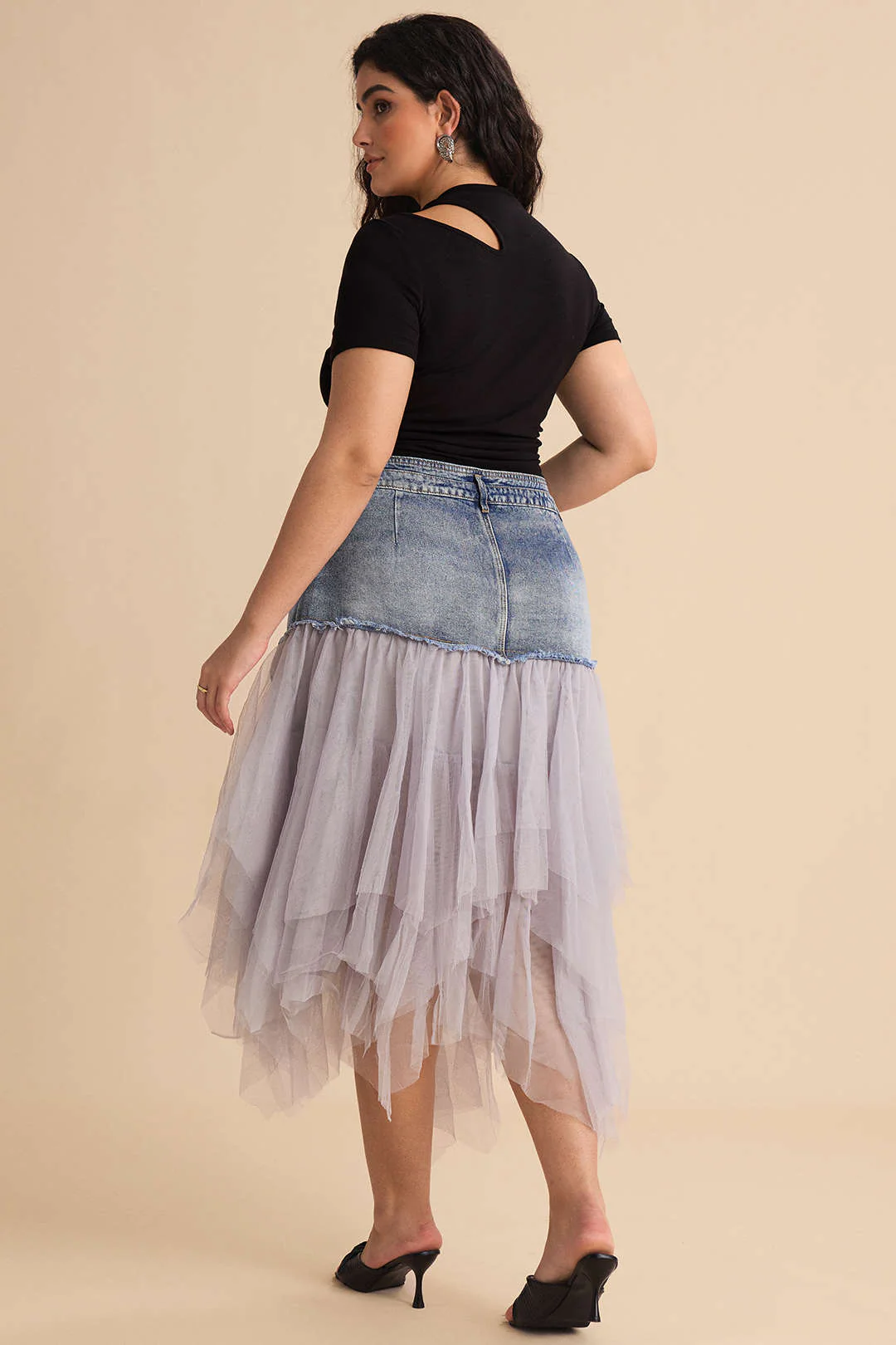 Plus Size Denim Mesh Patchwork High Waist Skirt - Image 9