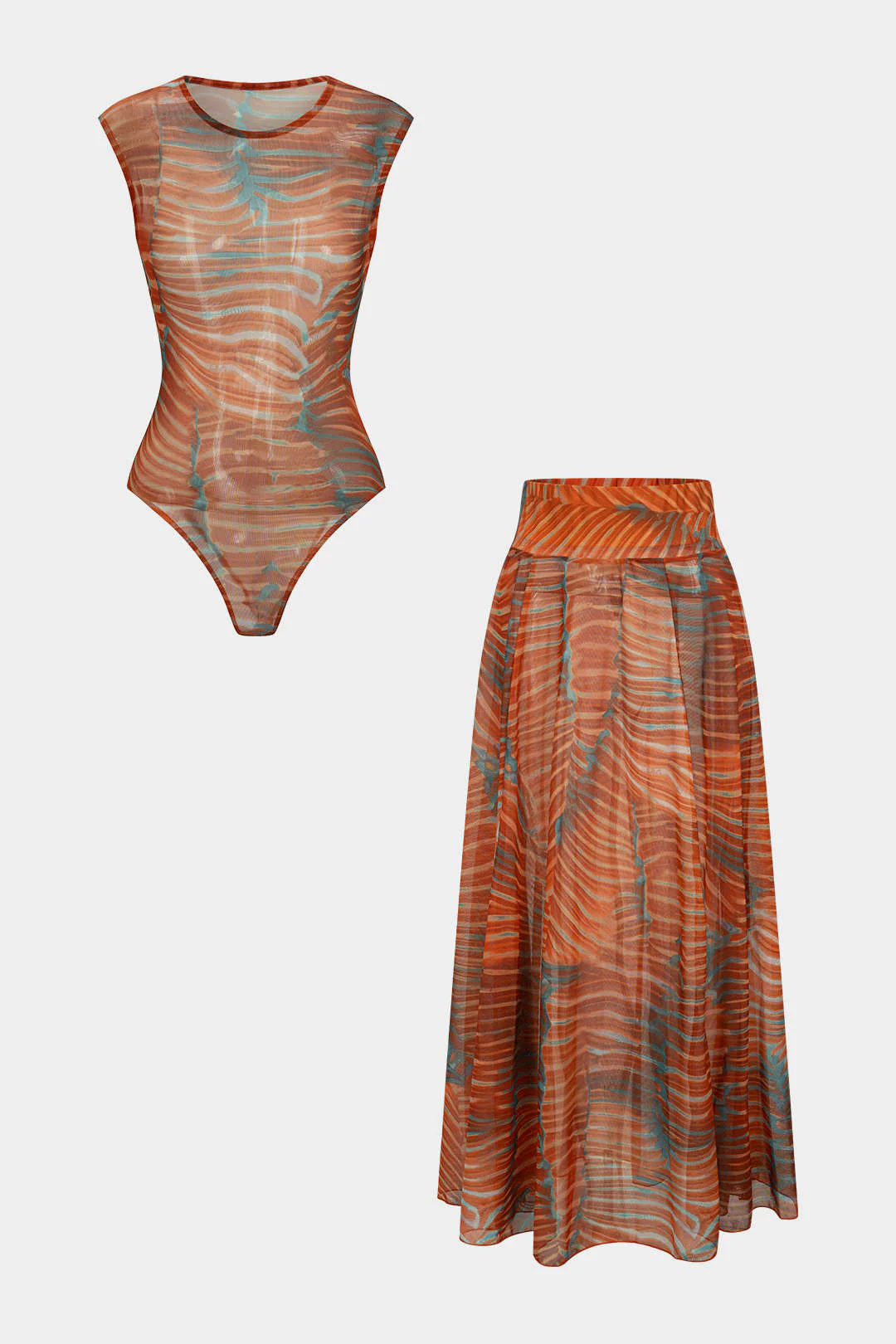 Abstract Print Mesh Sleeveless Bodysuit And Ruched Skirt Set