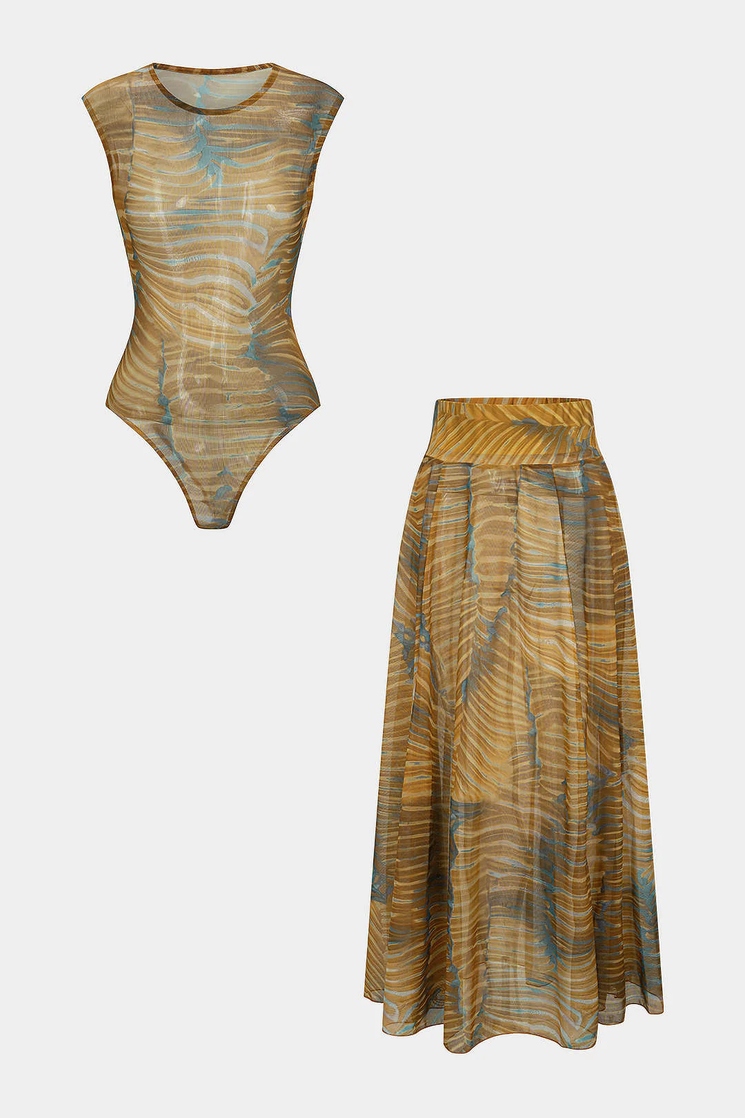 Abstract Print Mesh Sleeveless Bodysuit And Ruched Skirt Set - Image 9
