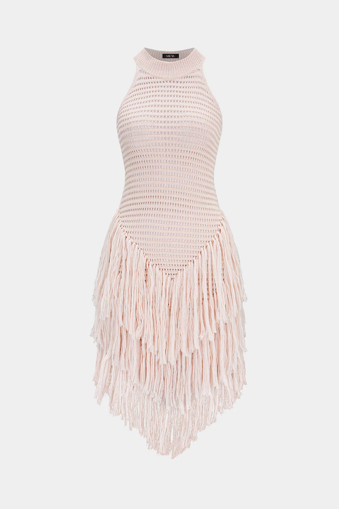 Knit Round Neck Hollow Out Fringe Hem Sleeveless Mini Dress - Image 3