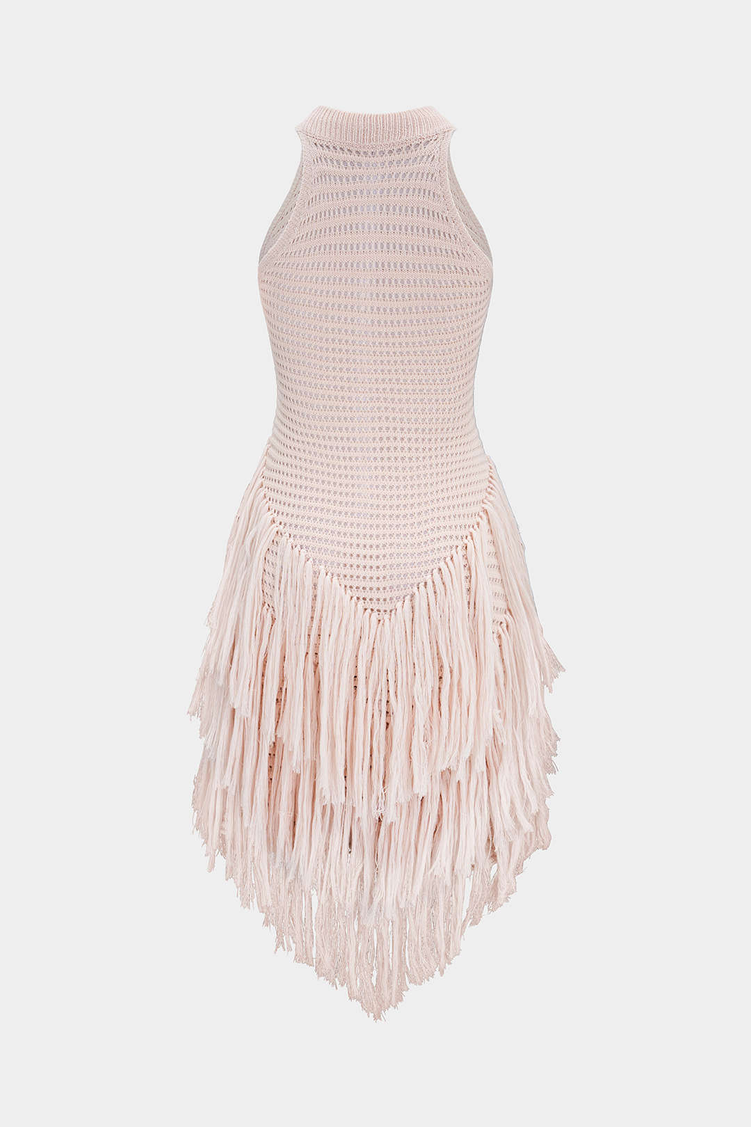 Knit Round Neck Hollow Out Fringe Hem Sleeveless Mini Dress - Image 4
