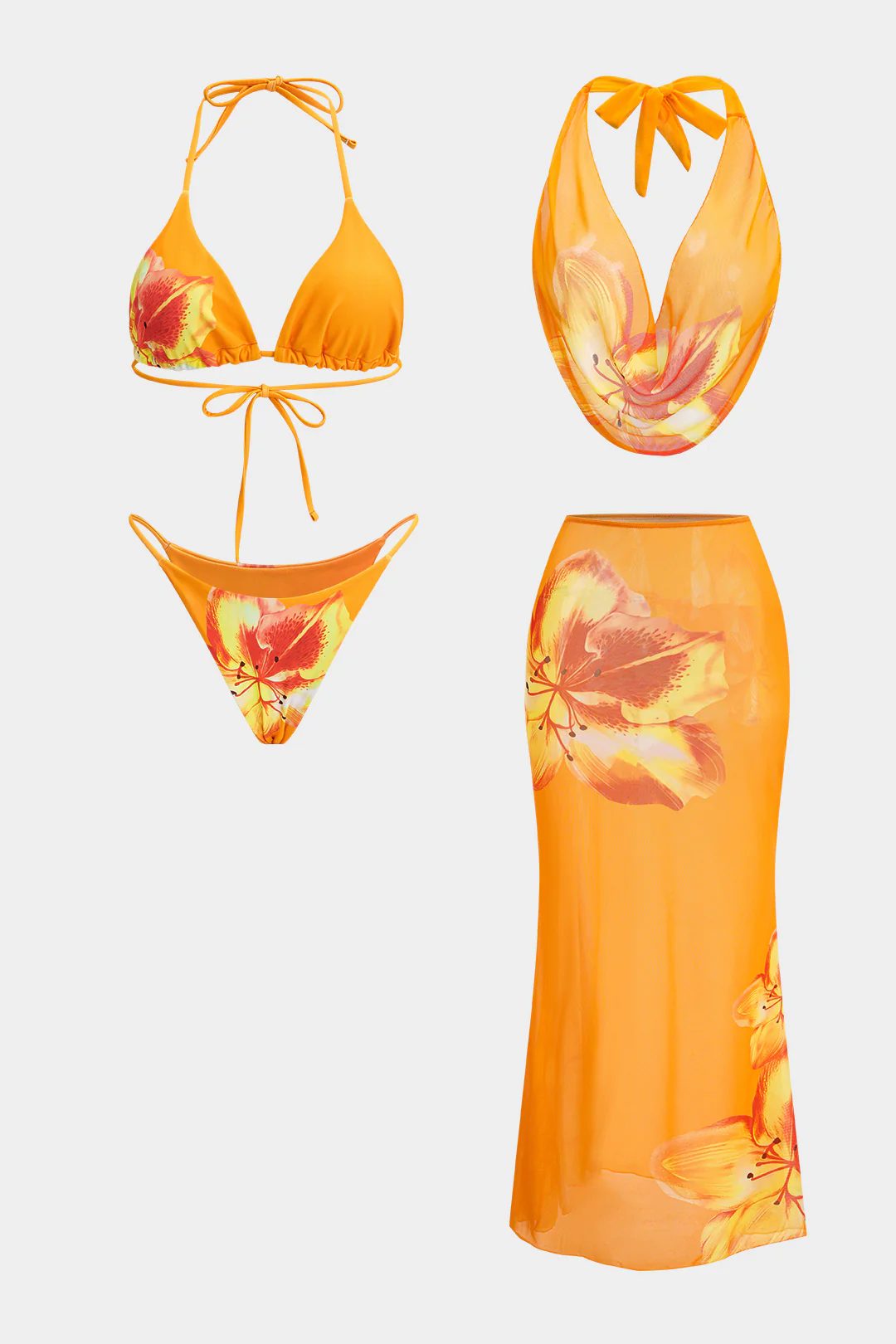 Floral Print Mesh Tie-Up Bikini Set