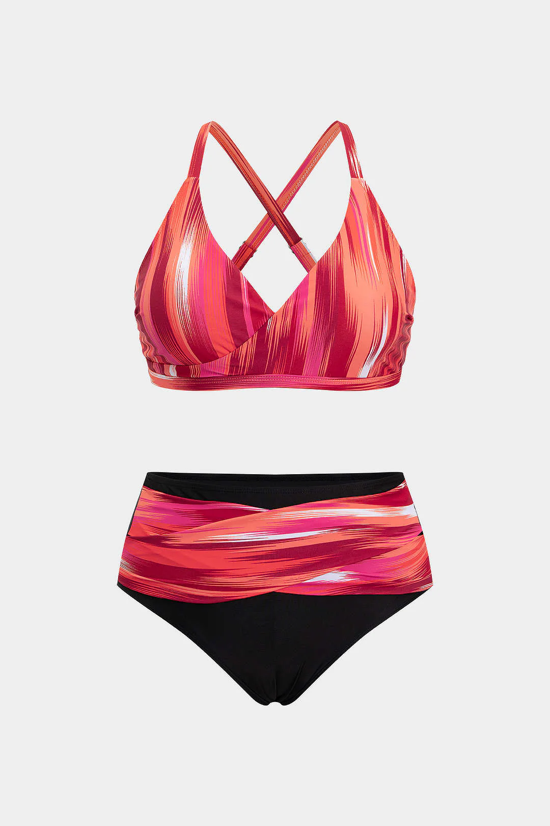 Plus Size Contrast Print V-Neck Crossed Backless Bikini Set