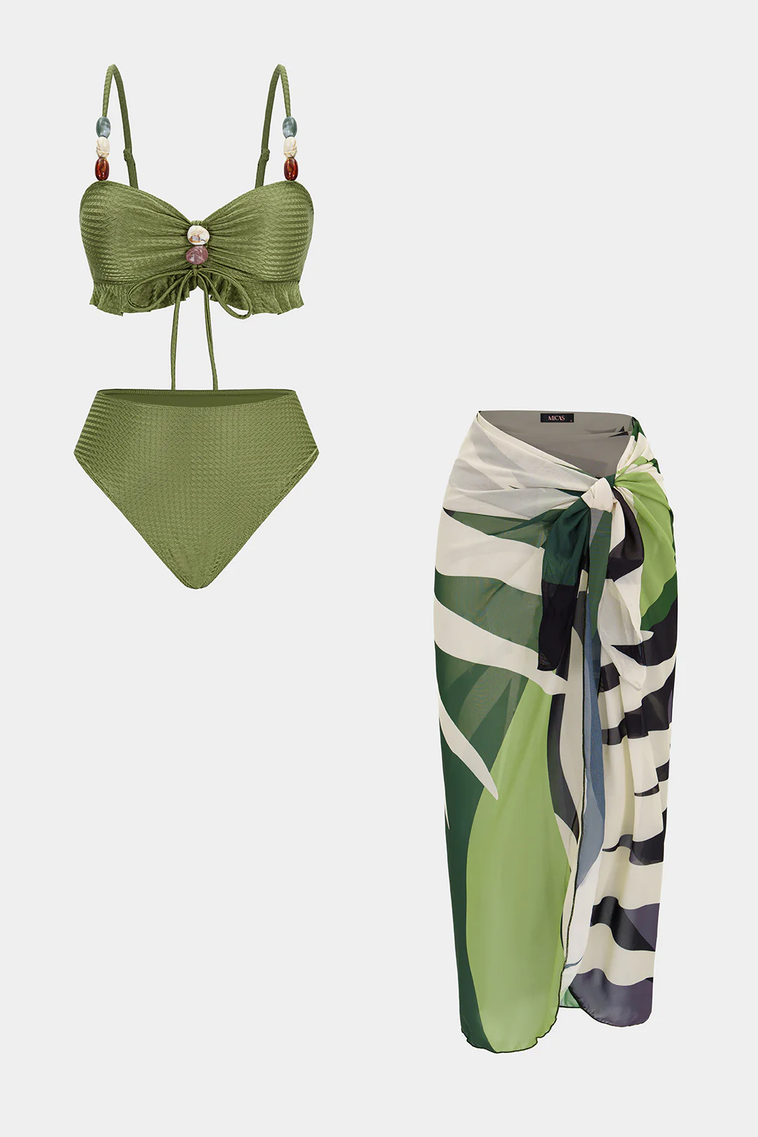 Geometric Print Beaded Tie-Up Bikini Set