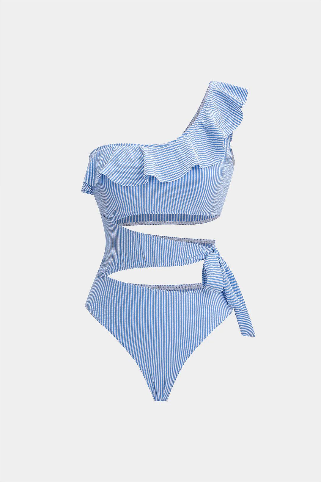 Stripes Print One Shoulder Ruffle Tie-Up Swimsuit