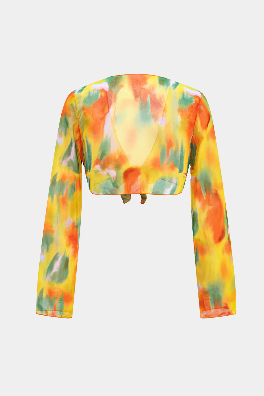 Watercolor Print Chiffon Tie Front Long Sleeve Top And Wide Leg Pants Set - Image 5