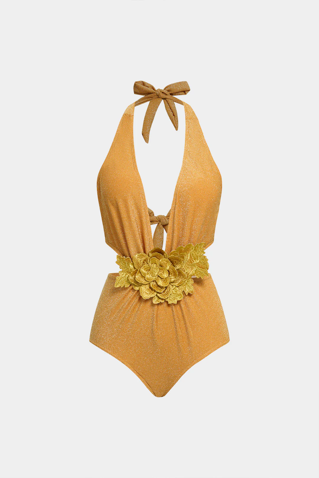 3D Flower Halter Deep V-Neck Bikini Swimsuit